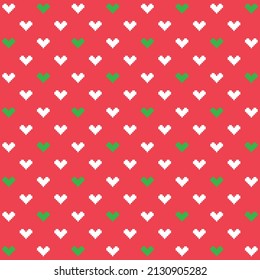 Patrón de corazones rojos y blancos de 8 bits sobre fondo verde. Corazones rojas y blancas en un fondo verde. Símbolos de amor en el día de San Valentín. Feliz Navidad.