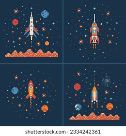 8 bit retro arcade galaxy video game scenes with different space rockets and ships in cosmos with stars and planets. Nostalgic spacecraft illustrations from 8-bit gaming era.