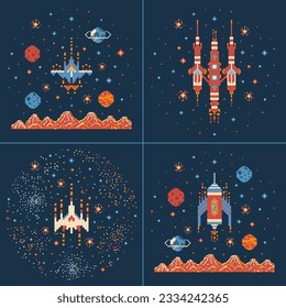 8 bit retro arcade galaxy video game scenes with different space rockets and ships in cosmos with stars and planets. Nostalgic spacecraft illustrations from 8-bit gaming era.