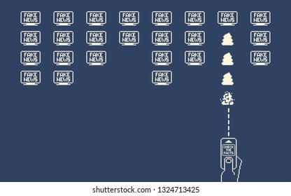 8 bit retro arcade game stylization. A hand shoots a Fake News TV with a gadget. 