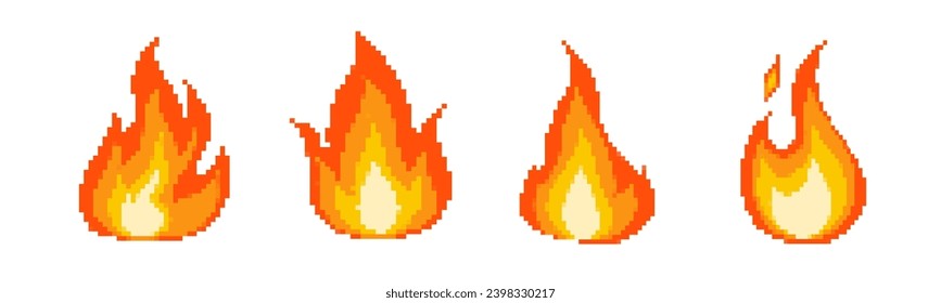 8 bit retro game fire icons. Pixel flame vector icons.