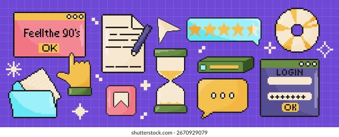 8 bit retro pc element window set. Pixel art objects. Old school computer graphic style