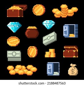 8 bit retro pixel golden coins, treasure chest, diamond, money bag, pot of gold and vault cartoon vector icons. Golden money pixel game icons set. Bank safe, gemstone and bill 8 bit arcade vector sign