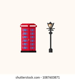 8 bit retro red phone booth and lamp.Pixel art.payphone vector.