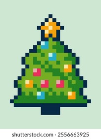 8 bit retro style decorated fir tree festive pixel icon perfect for your Christmas themed projects. Holiday designs, greeting cards, or digital illustrations that evoke the joy and magic of Christmas.