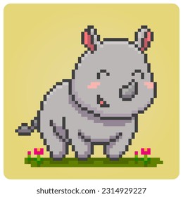 8 bit rhino pixel art. Animals Pixel in vector illustration for cross-stitching and game assets.