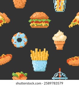 8 bit seamless pattern with fast food. Background in vintage pixel style of the 90s. Repeating pattern with pixelated fast food