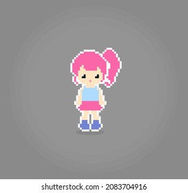 8 bit small girl pixel characters. Cartoon women in vector illustrations.
