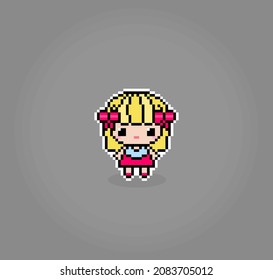 8-Bit kleine Girl-Pixelzeichen. Cartoon-Frauen in Vektorgrafiken.