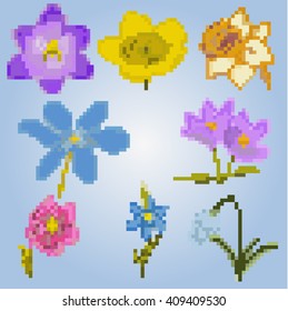 8 bit spring bright pixel flowers set for game design