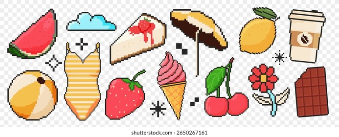 8 bit summer icon set. Pixel art object. Old school vintage game graphics. Watermelon, cloud, cheesecake, beach umbrella, ball, swimsuit