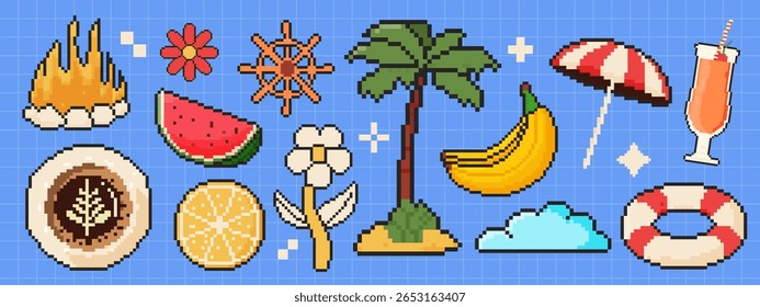 8 bit summer icon set. Pixel art object. Retro 80s,90s video game graphics. Bonfire, watermelon, coffee, lemon, flower, steering wheel, palm tree, banana, beach umbrella, lifebuoy, cocktail