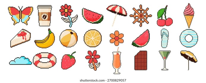 8 bit summer icon set. Pixel art object. Old school computer graphic style. Butterfly, coffee, flower, watermelon, umbrella, cherry, ice cream