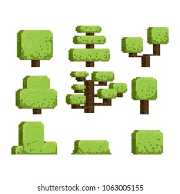 8 bit tree set.cube pixel tree art vector illustration.