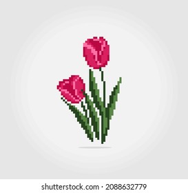 8 bit tulip flower pixels. Red Flowers for Cross Stitch patterns, in vector illustrations.