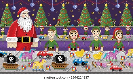 8 Bit vector pixel art of Santa's Workshop on Christmas Eve. Santa and the elves are busy getting the presents ready for Christmas.