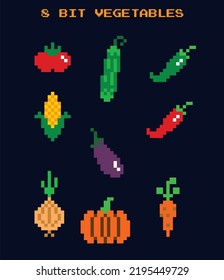 8 bit vegetables icons set. Retro game style vector assets. Tomato, cucumber, onion, pepper, corn, carrot, pumpkin. 