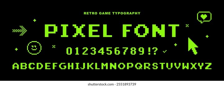 Letras y números de computadora vintage de 8 bits. Alfabeto de píxeles Y2k. Video Elementos abstractos del juego. Fuente de estética de los años 90. Tipografía nostálgica retro antigua. Elemento verde del Vector editable en el fondo negro