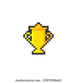 
8 bit winner cups. gold, cup. Vector illustration. cartoon drawing. White background. Isolated object. Pixel golden trophy, the winner trophy cup pixel art. 8 bit pixel sports cup.