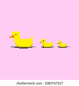 8 bit yellow ducks.Pixel art.