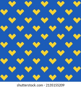 8 bit yellow hearts pattern on blue background. Graphic yellow hearts on blue backdrop. Love symbols on Valentine's day. Love for Ukraine.