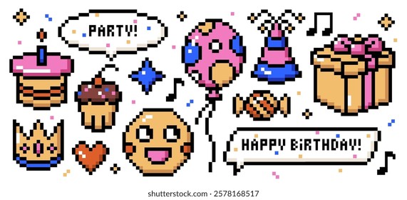 8 bits pixel art happy birthday party, anniversary event, festive holiday retro design elements set. Decoration and ornaments, tasty food snack and sweets, cute cheerful smiley vector illustration