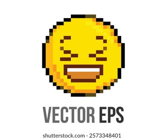 8 bits pixel art yellow grinning squinting face icon open smile, scrunched, X shaped eyes