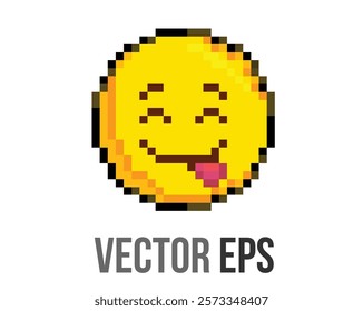 8 bits pixel art yellow smiling eyes and a broad happy face icon, tongue sticking out of one corner