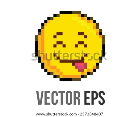 8 bits pixel art yellow smiling eyes and a broad happy face icon, tongue sticking out of one corner