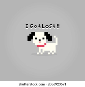 8 bits pixel of puppy got lost. Animals for asset games in vector illustrations. Cross Stitch pattern.