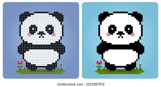 8 bits of pixels, fat pandas. Animals for game assets and bead patterns in vector illustrations.