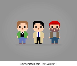 8 bits pixels three mans. People pixel in Vector illustration for game assets and cross stitch patterns.