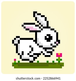 8 bits of rabbit pixels are running. Animals for game assets and cross stitches patterns in vector illustrations.