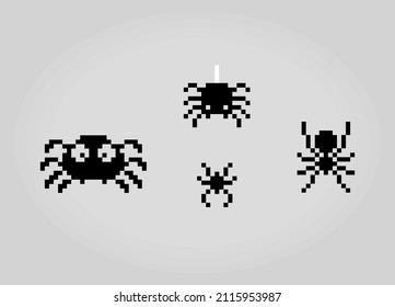 8 bits of spiders. Animal pixel for game assets and Cross Stitch patterns in vector illustrations.