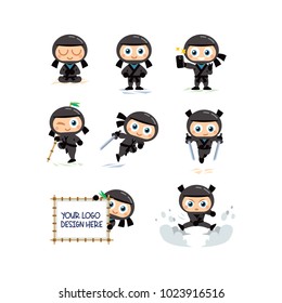 8 black ninja mascot, simple to edit, well layered (all ninja have his own layer) isolated objects, 100% vector