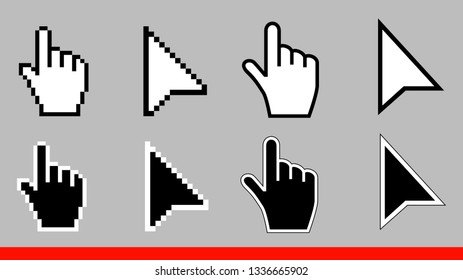 8 Black and white arrow pixel and no pixel mouse hand cursors icon vector illustration set flat style design isolated on white background.