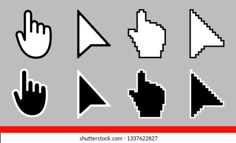 8 Black and white arrow pixel and no pixel mouse hand cursors icon vector illustration set flat style design isolated on white background.