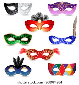 8 bright carnival masks  over white background