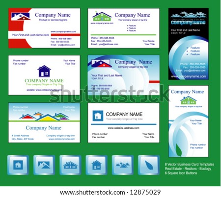 8 Business Cards - Vector Template for eco-friendly Real Estate/Realtors, with 6 matching icon buttons.