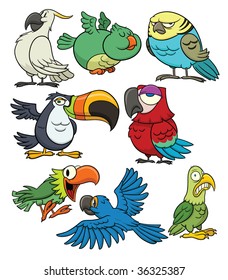 8 cartoon tropical birds. All in separate layers for easy editing.