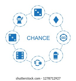 8 chance icons. Trendy chance icons white background. Included filled icons such as Dice, Casino chip and money, Diamonds, Slot machine, slot machine. chance icon for web and mobile.