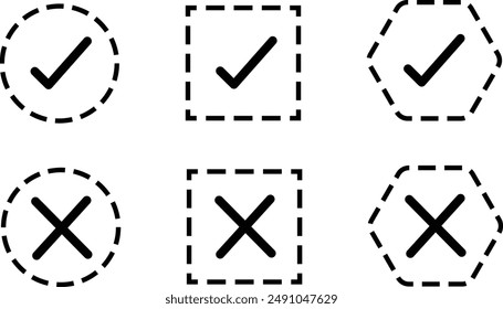 8 Checkbox icon Dotted line set, thin line vector, editable stroke circle square