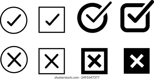 8 Checkbox icon set, thin line vector, editable stroke circle square