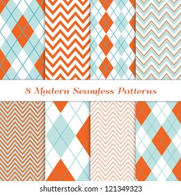 8 Chevron and Argyle Patterns in Aqua Blue, Turquoise, White & Coral Orange. For Scrapbook or Photo Collage. Modern Christmas Backgrounds. Matches my other pattern pack Image ID: 128027705