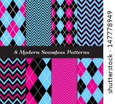 8 Chevron and Argyle Patterns in Blue, Hot Pink and Black with White Accent Lines. Perfect for Girls Monster Party or Halloween Backgrounds. Pattern Swatches made with Global Colors.