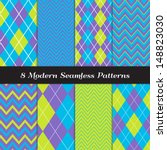 8 Chevron and Argyle Patterns in Blue, Purple and Lime Green with White Accent Lines. Perfect for Kids Monster Party or Halloween Backgrounds. Pattern Swatches made with Global Colors.