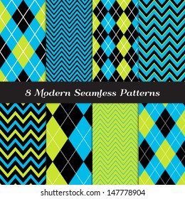 8 Chevron and Argyle Patterns in Blue, Lime Green and Black with White Accent Lines. Perfect for Kids Monster Party or Halloween Backgrounds. Pattern Swatches made with Global Colors.