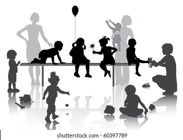 8 children playing with some toys