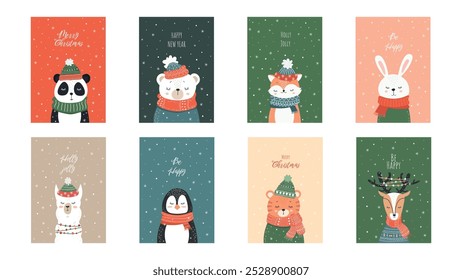 8 Christmas Cards with Cute Animal Characters. Colourful Illustrations of Sleeping Baby Animals with Greetings for New Year and Christmas. Vector Templates