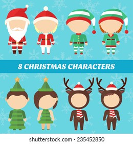 8 Christmas characters, made in flat design. 